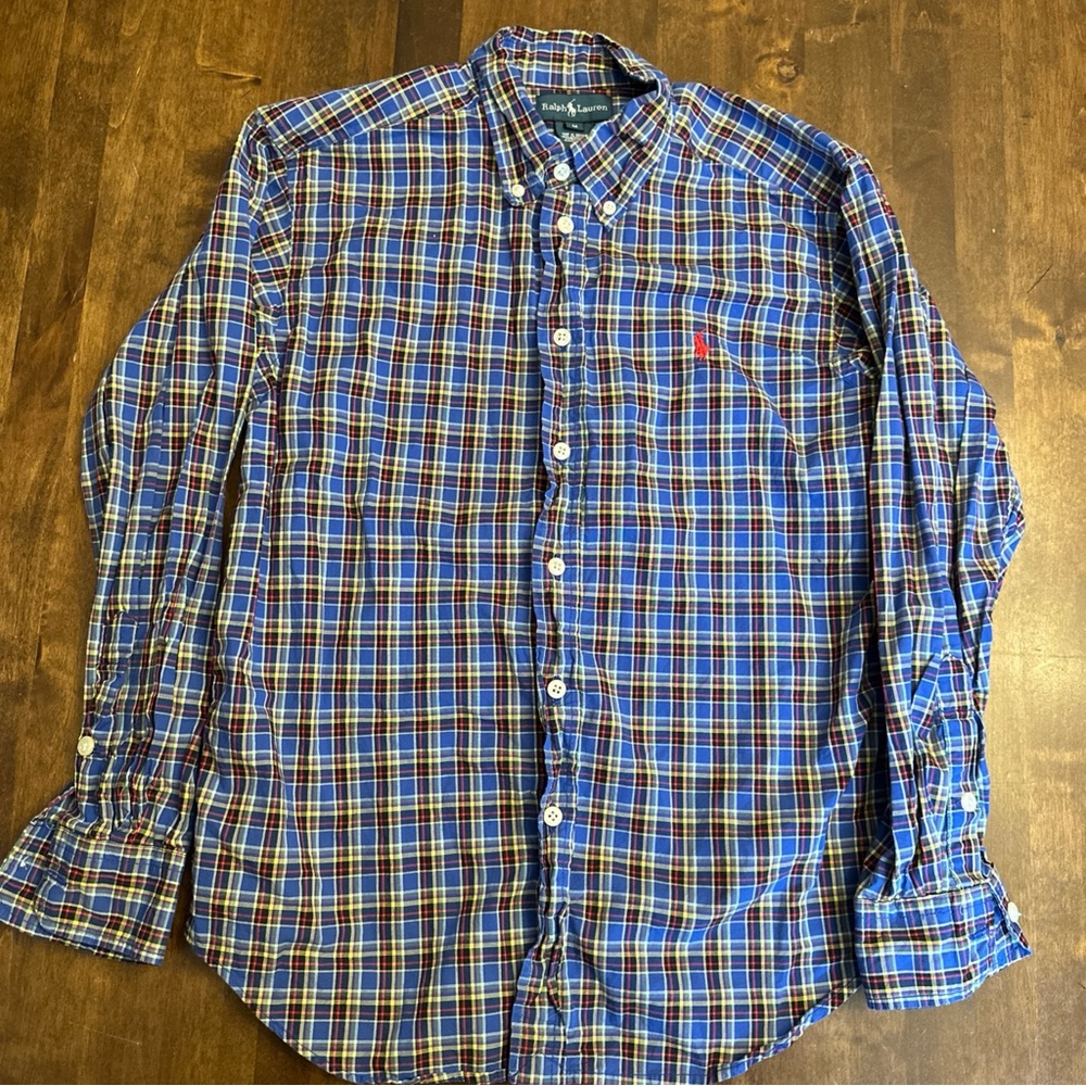 Ralph Lauren Boys Button Down Long Sleeve Plaid Shirt Blue‎ Preppy Pony Size M